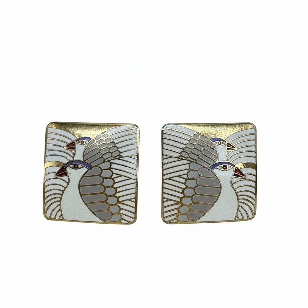 VTG 90's Laurel Burch‎ Moon Doves Gold Tone Pierced Earrings 1 In Cloisonne Boho